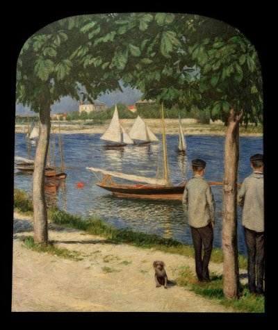 La orilla en Petit Gennevilliers y el Sena de Gustave Caillebotte