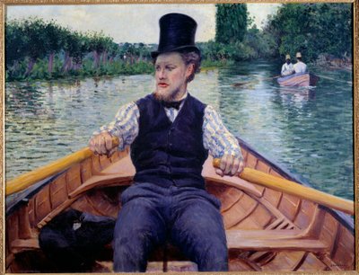 Parte del bote. Un hombre con sombrero alto remando en un bote de Gustave Caillebotte