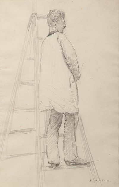 Estudio para pintores de casas: Hombre en una escalera, vista trasera de tres cuartos de Gustave Caillebotte