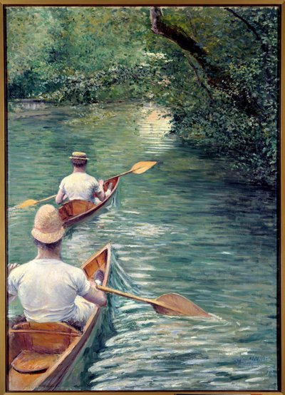 Las perissoires. Pareja caminando en el agua en perissoires, tipo de kayak de Gustave Caillebotte