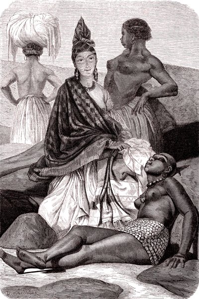 Signare , las mujeres mulato-francesas africanas en la Isla de Goree, Senegal. 1861 (grabado) de Gustave Clarence Rodolphe Boulanger