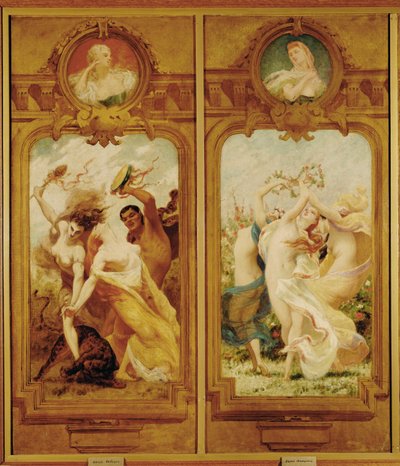 El Foyer de la Danse tiene cuatro murales de Boulanger que muestran una Danse Bachique, Bacchanalia, y una danse champetre, una danza campestre ... (pintura mural) de Gustave Clarence Rodolphe Boulanger
