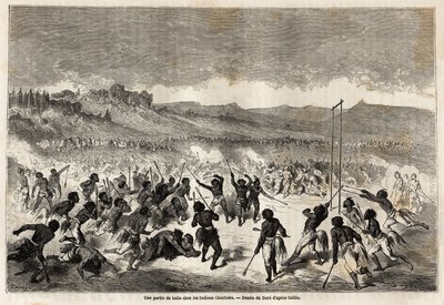 Un juego de pelota entre los indios Choctaw, tribu de la región del Mississippi, dibujado por Gustave Doré (1832-1883), para ilustrar el viaje del Mississippi al Océano Pacífico en 1853-54 por Baudouin Mollhausen (1825-1905). Grabado en “Le tour du monde,  de Gustave Dore