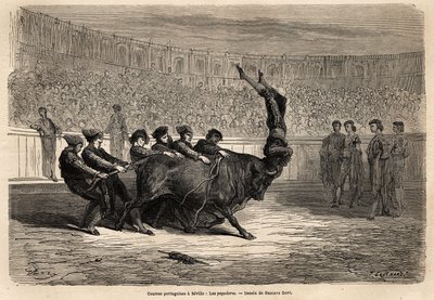 Una escena de tauromaquia, los Pegatores en Sevilla de Gustave Dore
