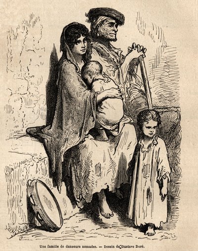 Una familia de bailarines nómadas descansando en las calles de Sevilla. Boceto tomado en vivo por Gustave Doré (1832-1883). Grabado para ilustrar el viaje en España, en 1862 por Charles Davillier y Gustave Doré, en 