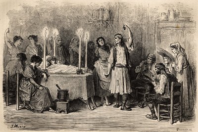 Una danza funeraria, durante el día mortuorio en Jijonas (provincia de Alicante). Boceto tomado en vivo por Gustave Doré (1832-1883). Grabado para ilustrar el viaje en España, en 1862 por Charles Davillier y Gustave Doré, en 