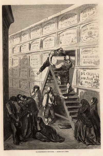 Un funeral en Barcelona, dibujo de Gustave Doré (1832-1883), para ilustrar su viaje a España, con C. Davillier, en 1862. Grabado en "Le tour du monde", editado por Edouard Charton de Gustave Dore