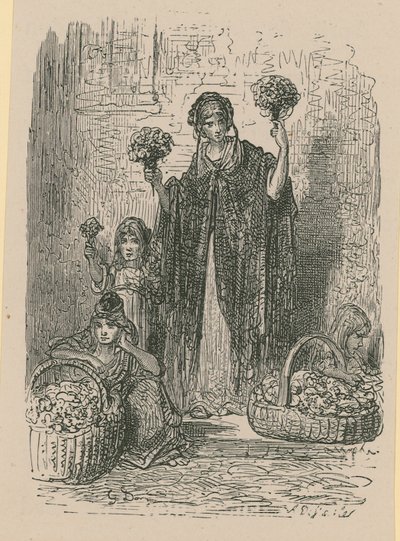 Un grupo de mujeres jóvenes vendiendo flores de cestas de Gustave Dore