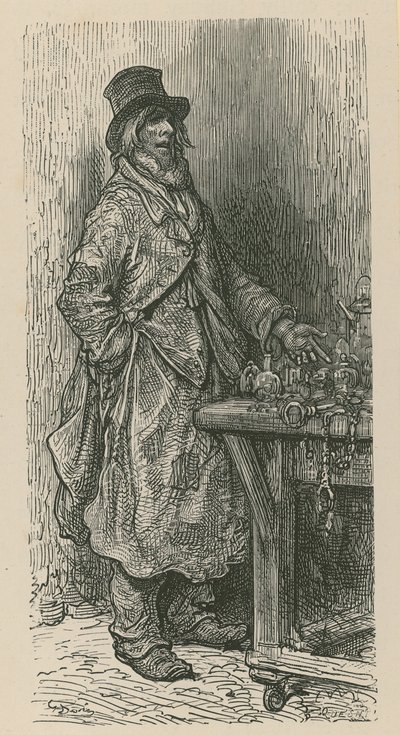 Un hombre vendiendo sus productos desde un puesto de mercado de Gustave Dore