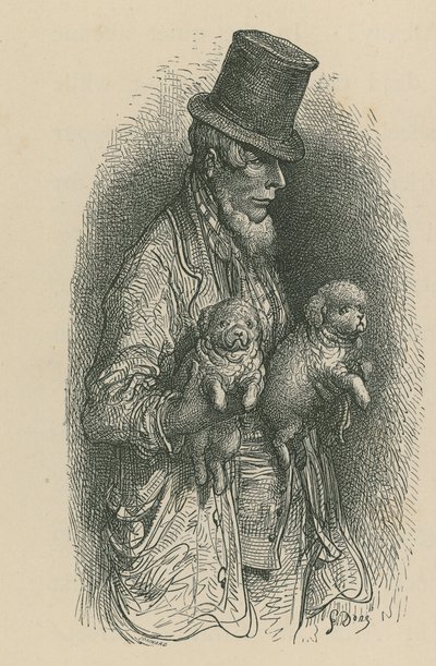 Un hombre con sombrero de copa sosteniendo dos perros de Gustave Dore