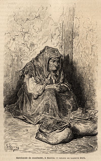 Un vendedor de cacahuetes, boceto en vivo en la puerta del sol, en Madrid. Grabado por Gustave Dore (1832-1883) para ilustrar su viaje a España, con Ch. Davillier (editor), en 1862, publicado en “Le tour du monde” 1869, editado por Edouard Charton, Hachet de Gustave Dore