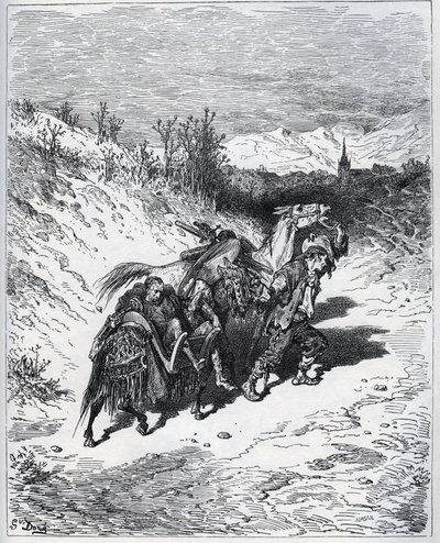 Un labrador trae de vuelta a Don Quijote y Rocinante al pueblo - de "Don Quijote de la Mancha" de Miguel Cervantes de Gustave Dore