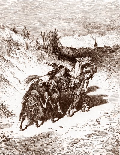 Un labrador de su pueblo lleva el Quijote a casa Grabado de Gustave Dore (1832-1883) para "L