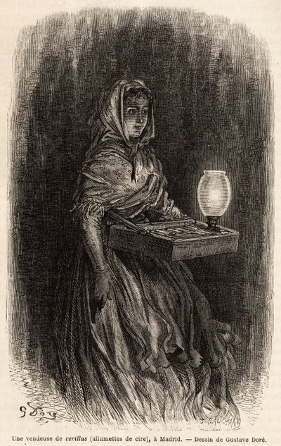 Una vendedora de cerillas de cera, boceto en vivo en la puerta del sol, en Madrid. Grabado por Gustave Dore (1832-1883) para ilustrar su viaje a España, con Ch. Davillier (editor), en 1862, publicado en “Le tour du monde” 1869, editado por Edouard Charton de Gustave Dore