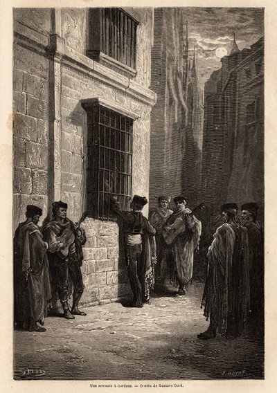 Una serenata a la luz de la luna, en las calles de Córdoba, el amante, guitarra en mano, habla en voz baja a su prometida a través de una ventana con reja, recita poemas o le canta una canción. Dibujo de Gustave Doré. Grabado para ilustrar el viaje a Españ de Gustave Dore