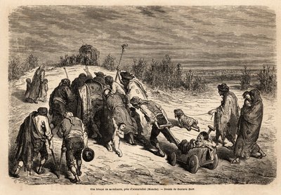 Una tropa de mendigos e inválidos, una verdadera corte de los milagros, se dirige a una diligencia para pedir limosna en las cercanías de Almuradiel (provincia de la Mancha). Dibujo de Gustave Dore (1832-1883). Grabado para ilustrar el viaje a España, en 1 de Gustave Dore