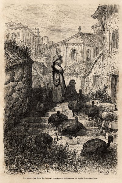Un cuidador de pavos, en las calles de un pueblo en el campo de Salamanca. Dibujo de Gustave Dore (1832-1883). Grabado para ilustrar el viaje en España, por Charles Davillier, en 1862, publicado en “Le tour du monde” 1872, editado por Edouard Charton. de Gustave Dore