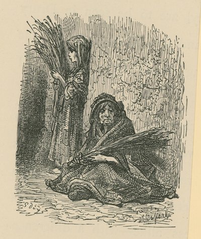 Una mujer y una niña vendiendo flores secas de Gustave Dore