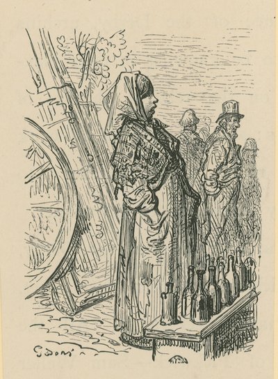 Una mujer vendiendo botellas de vidrio de Gustave Dore