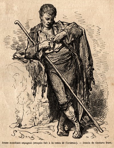 Un joven mendigo, a la venta de Cardenas, una posada en el camino de Almaden (provincia del Canal). Boceto tomado en vivo por Gustave Dore (1832-1883). Grabado para ilustrar el viaje a España, en 1862 por Charles Davillier y Gustave Dore, en "Le tour du mo de Gustave Dore