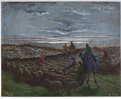 Abraham viajando a la tierra de Canaán - Abram se estableció en la tierra de Canaán - grabado en “The Bible illustree” por Gustave Dore (1832-1883) - Grabado de “The Dore Bible” de Gustave Dore