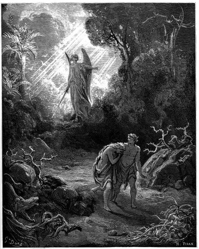 Adán y Eva huyen del Paraíso - Ilustración de Gustave Dore para La Biblia - de Gustave Dore