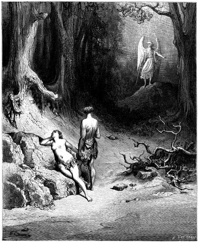 Adán y Eva salen de caza del Paraíso. Ilustración de Gustave Dore para "El paraíso perdido" de John Milton (1608-1674). Grabado de 1866. Colección privada de Gustave Dore