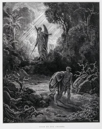 Adán y Eva desterrados del Jardín del Edén por un ángel, Ilustración de la Biblia de Dore de Gustave Dore