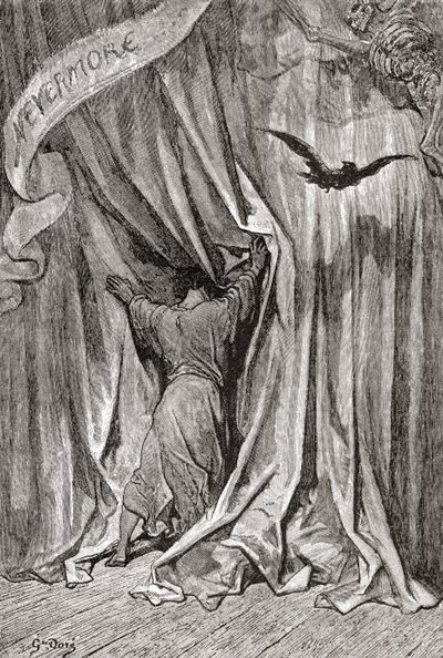 Según un dibujo de Gustave Dore para el poema de Edgar Allan Poe El cuervo. De Vida y recuerdos de Gustave Dore, publicado en 1885. de Gustave Dore