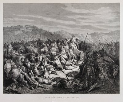 Ajab lucha contra los asirios en la batalla de Qarqar , Ilustración de la Biblia de Dore de Gustave Dore