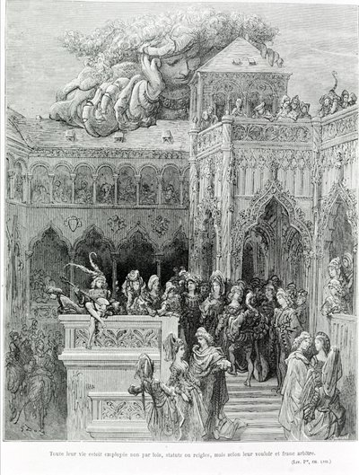 Toda su vida fue empleada no por leyes, estatutos o reglas, sino según su voluntad y libre albedrío, después de Gargantúa (1534) por François Rabelais. Grabado por Gustave Doré de Gustave Dore