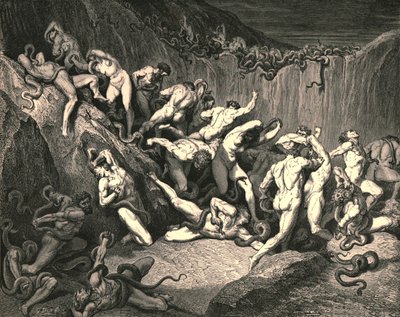 En medio de esta espantosa exuberancia de dolor corrían espíritus desnudos alados con horrido miedo, c1890 de Gustave Dore