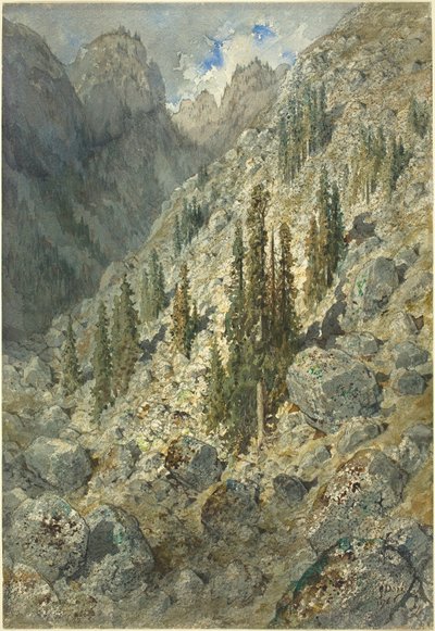 Un valle alpino con árboles y rocas de Gustave Dore