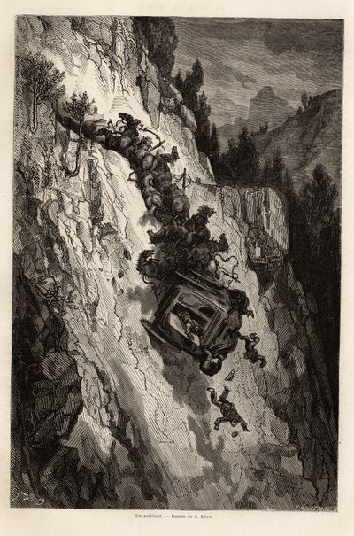 Un accidente de diligencia, dibujo de Gustave Doré (1832-1883), para ilustrar su viaje a España, con C. Davillier, en 1862. Grabado en "Le tour du monde", editado por Edouard Charton de Gustave Dore