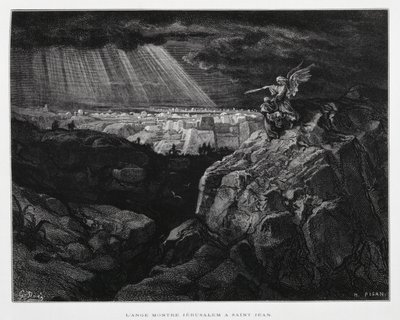 Un ángel con San Juan Bautista ante Jerusalén, Ilustración de la Biblia de Dore de Gustave Dore