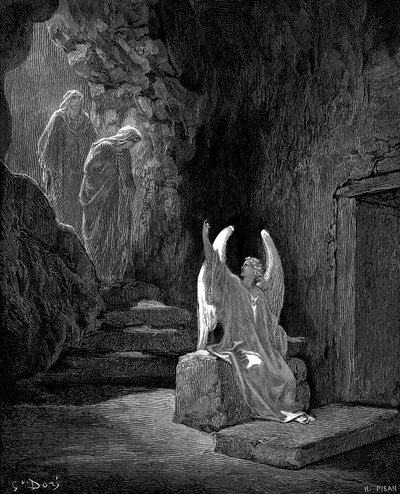 Ángel mostrando a María Magdalena y la otra María la tumba vacía de Cristo, 1865-1866 de Gustave Dore
