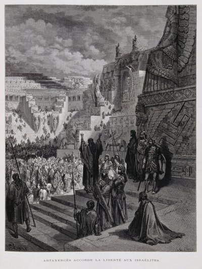 Artajerjes concede la libertad a los judíos en Persia, Ilustración de la Biblia de Dore de Gustave Dore