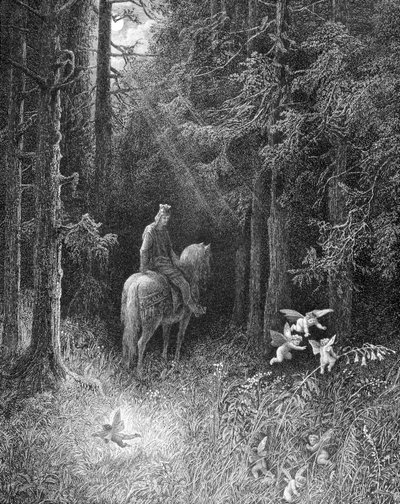 Mientras cruzaba los oscuros bosques, él mismo vio 3 espíritus locos de alegría saltando al lado del camino sobre una gran flor (un caballero de la mesa redonda encontrando a los tres espíritus en el bosque de Broceliande) - en “Junièvre” por Alfred Tennys de Gustave Dore