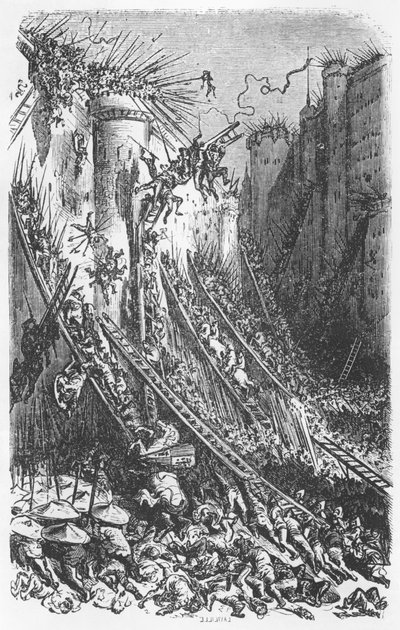 Atacando un castillo o una ciudad fortificada, ilustración de 