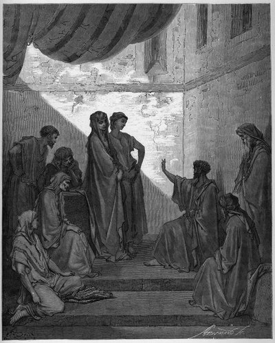 Bautismo de Cornelio el Centurión - Cornelio el Centurión recibe la fe de Jesucristo y es bautizado por San Pedro. - Grabado en “La Biblia Ilustrada” por Gustave Doré (1832-1883) - Grabado de “La Biblia de Doré” de Gustave Dore