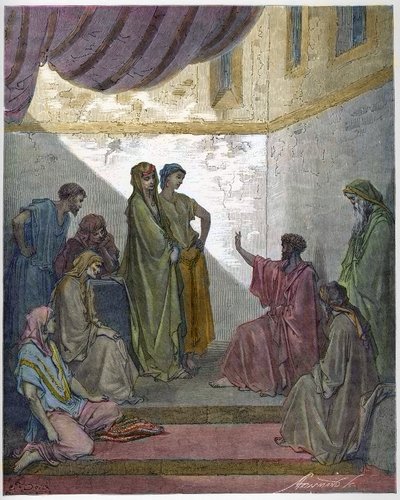 Bautismo de Cornelio el Centurión - Cornelio el Centurión recibe la fe de Jesucristo y es bautizado por San Pedro. - Grabado en “La Biblia Ilustrada” por Gustave Doré (1832-1883) - Grabado de “La Biblia de Doré” de Gustave Dore