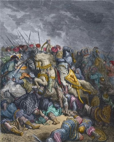 Batalla de Arsur - Ricardo I Corazón de León (1157-1199), Rey de Inglaterra participando en la 3ª Cruzada - Ricardo Corazón de León en la Batalla de Arsuf (1191), Tercera Cruzada, grabado por Gustave Doré - de Historia de las Cruzadas por Joseph-Francois M de Gustave Dore