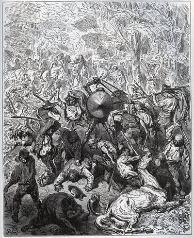 Batalla con los muleros - Los Yangois usaron sus garrotes - de “Don Quijote de la Mancha” por Miguel de Cervantes (1547-1616) - Grabado en madera después de un dibujo de Gustave Doré de Gustave Dore