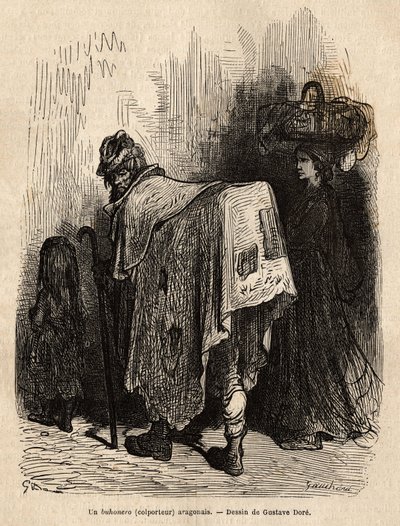 Buhonero, vendedor ambulante aragonés. Dibujo de Gustave Doré (1832-1883). Grabado para ilustrar el viaje en España, por Charles Davillier, en 1862, publicado en 