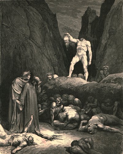 Por el cabello llevaba el miembro cortado, colgando como linterna en la mano, c1890 de Gustave Dore