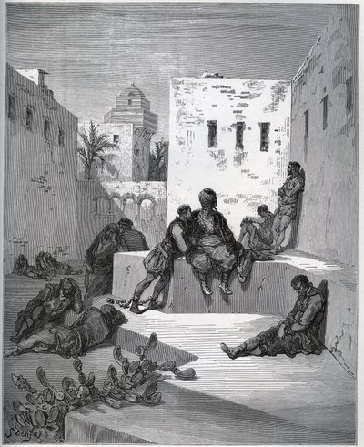 Historia de un cautivo. Patio del bagne de Argel donde el cautivo pide un servicio a un renegado cautivo - de "Don Quijote de la Mancha" de Miguel Cervantes (1547-1616) - xilografía según dibujo de Gustave Doré de Gustave Dore