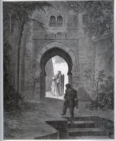 Historia del cautivo. Primer encuentro del cautivo con Zoraida en el jardín del padre, quien la trae de vuelta después de su desmayo fingido - de "Don Quijote de la Mancha" de Miguel Cervantes de Gustave Dore