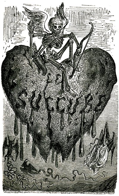 Ilustración de cabecera de capítulo de Gustave Dore para los Cuentos Drolaticos (1855) de Honore de Balzac (1799-1850): el súcubo (vampiro) - esqueleto, muerte, corazón, sangre-. de Gustave Dore