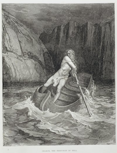 Caronte, el Barquero del Infierno, de La Divina Comedia (Infierno) por Dante Alighieri (1265-1321) grabado por Stephane Pannemaker (1847-1930) c.1868 de Gustave Dore