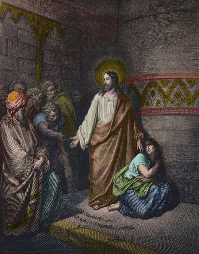 "Cristo y la mujer adúltera" Ilustración de Gustave Doré (1832-1883) - Jesús y la mujer sorprendida en adulterio - grabado por Gustave Doré - coloreado posteriormente de Gustave Dore